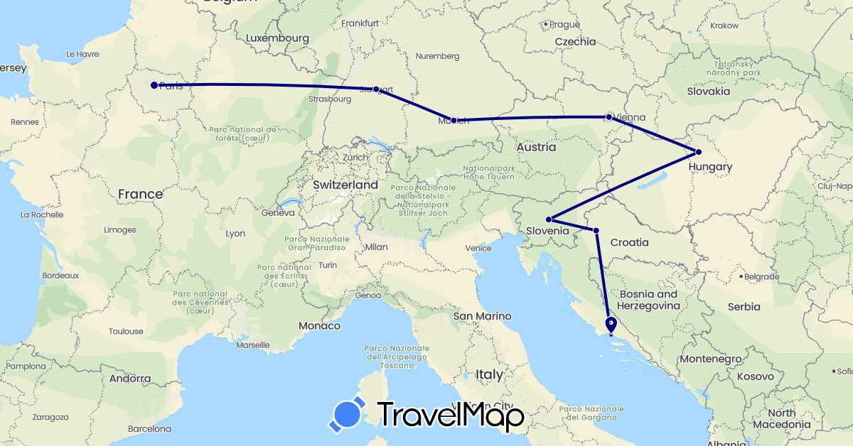 TravelMap itinerary: driving in Austria, Germany, France, Croatia, Hungary, Slovenia (Europe)